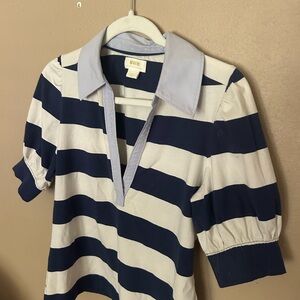 Mauve Navy and White striped shirt with light blue collar.